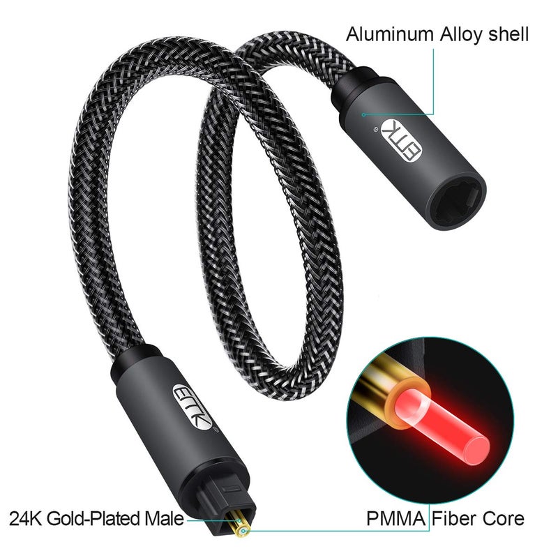 EMK Optical Extension Cable Male to Female Coupler Cord Nylon Braided Jacket 24K Gold-Plated Fiber Digital Extension Adapter Cable for Home Theater Sound bar TV PS4 Xbox 3.3ft - Image 3